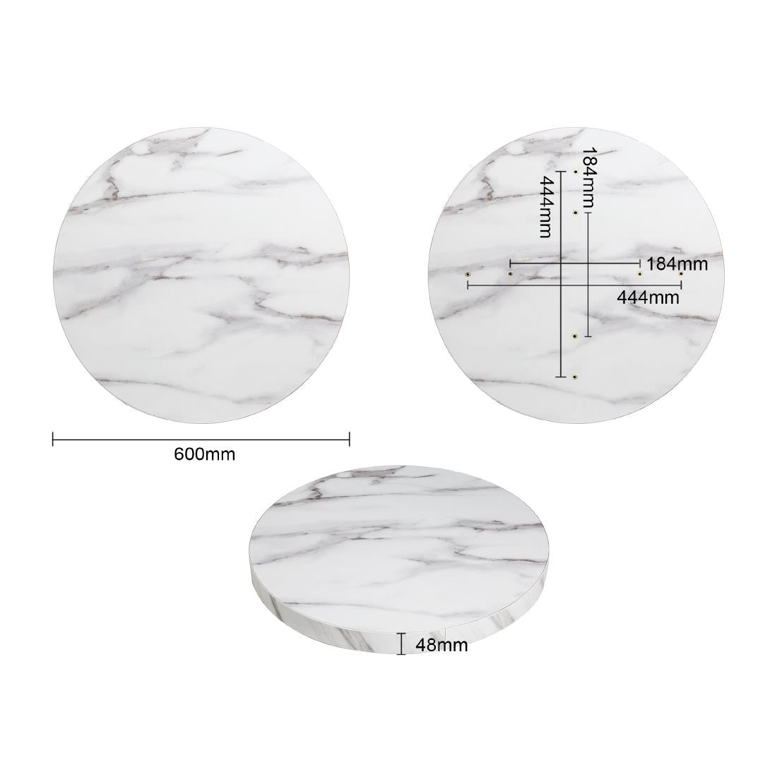 DT445 Bolero, voorgeboord rond tafelblad met marmereffect, 600 mm
