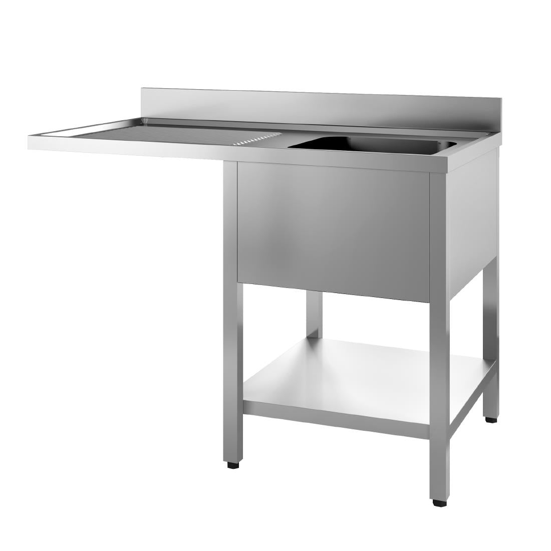 GN095 Gastro-M Spoeltafel met onderstel en onderblad mm 1200x 700x850 Met uitsparing voor VW, 1 bak rechts 500x500x320, dienblad links INOX