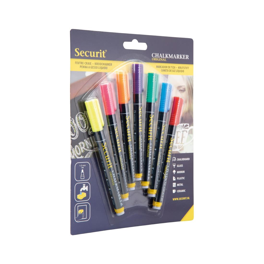 CU919 Securit Liquid krijtstift 1-2mm Penpunt in rood, blauw, geel, groen, roze, oranje, violet (7 stuks)