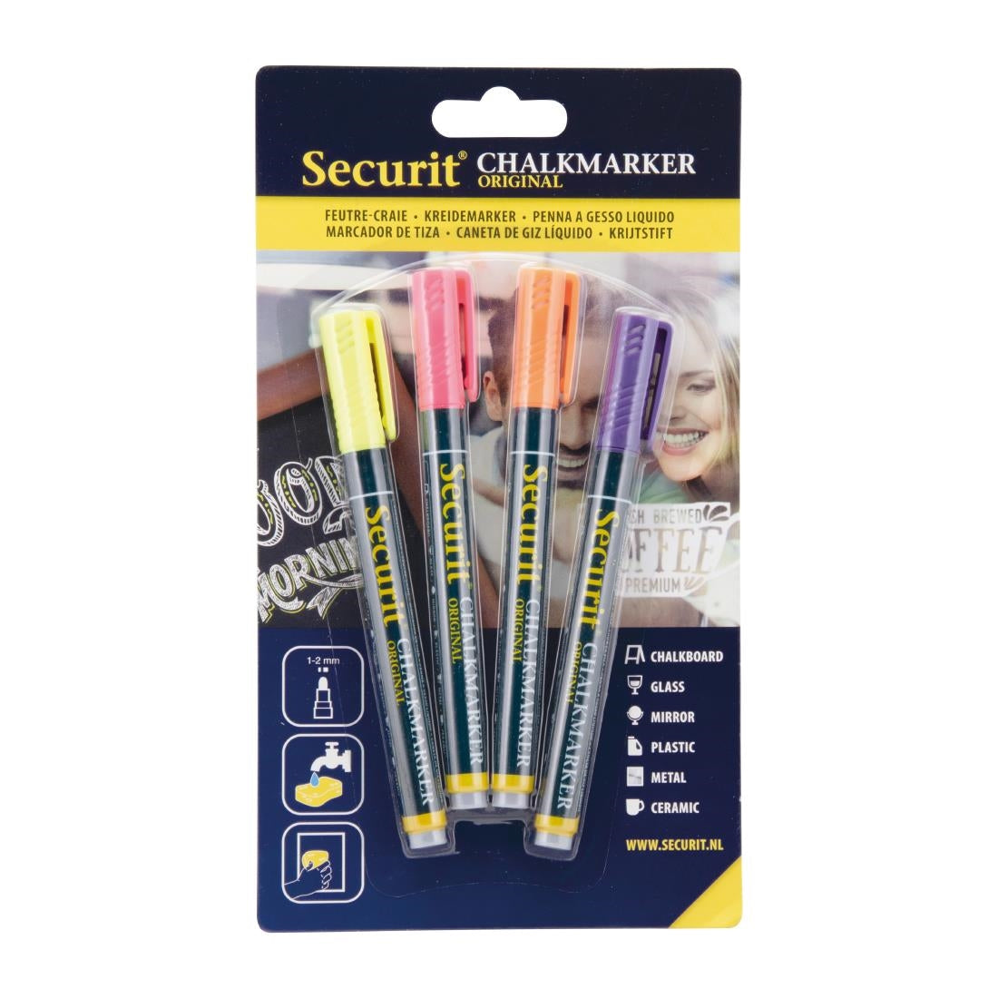 CU770 Securit Liquid chalkmarker tropical met 1-2mm Penpunt in geel, roze, oranje, violet (box 4)
