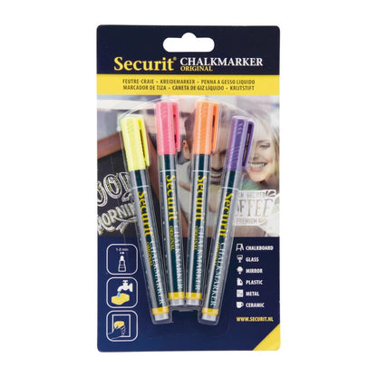 CU770 Securit Liquid chalkmarker tropical met 1-2mm Penpunt in geel, roze, oranje, violet (box 4)