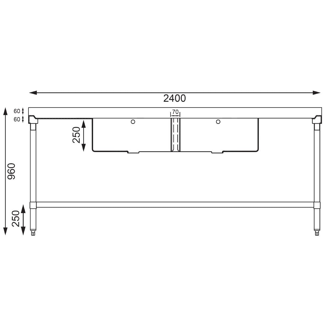 U910 Vogue RVS spoeltafel dubbele spoelbak afdruiprek links en rechts 240x60cm