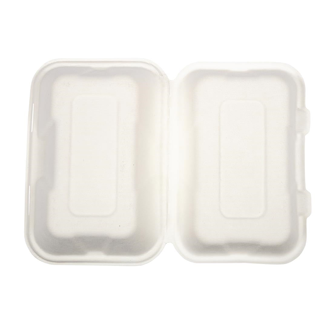 GH026 Vegware composteerbare bagasse voedseldozen met scharnierdeksel 22,8cm (200 stuks)
