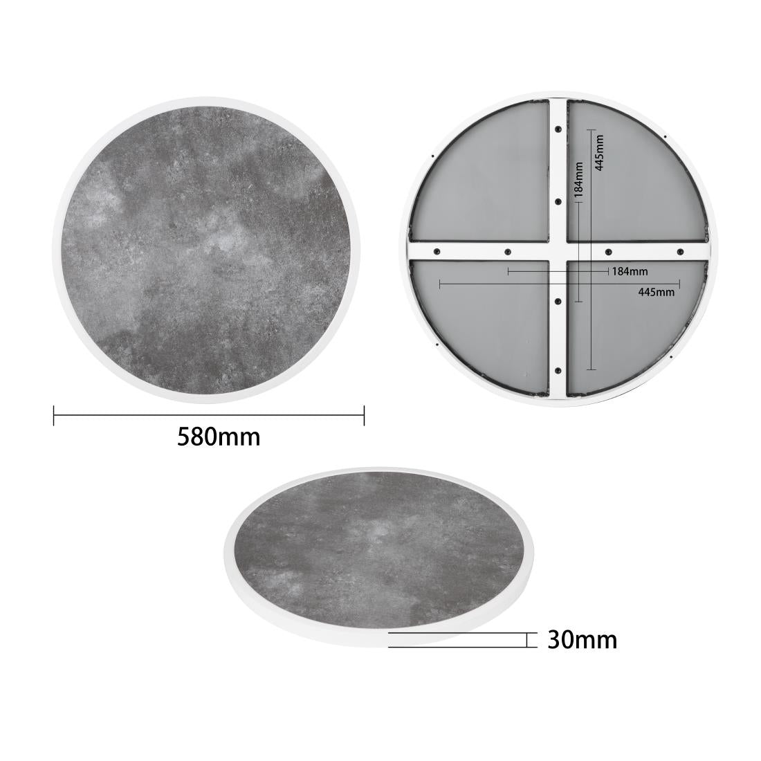 DL488 Bolero Rond Tafelblad Van Glasvezel, Donker Steeneffect, 580mm