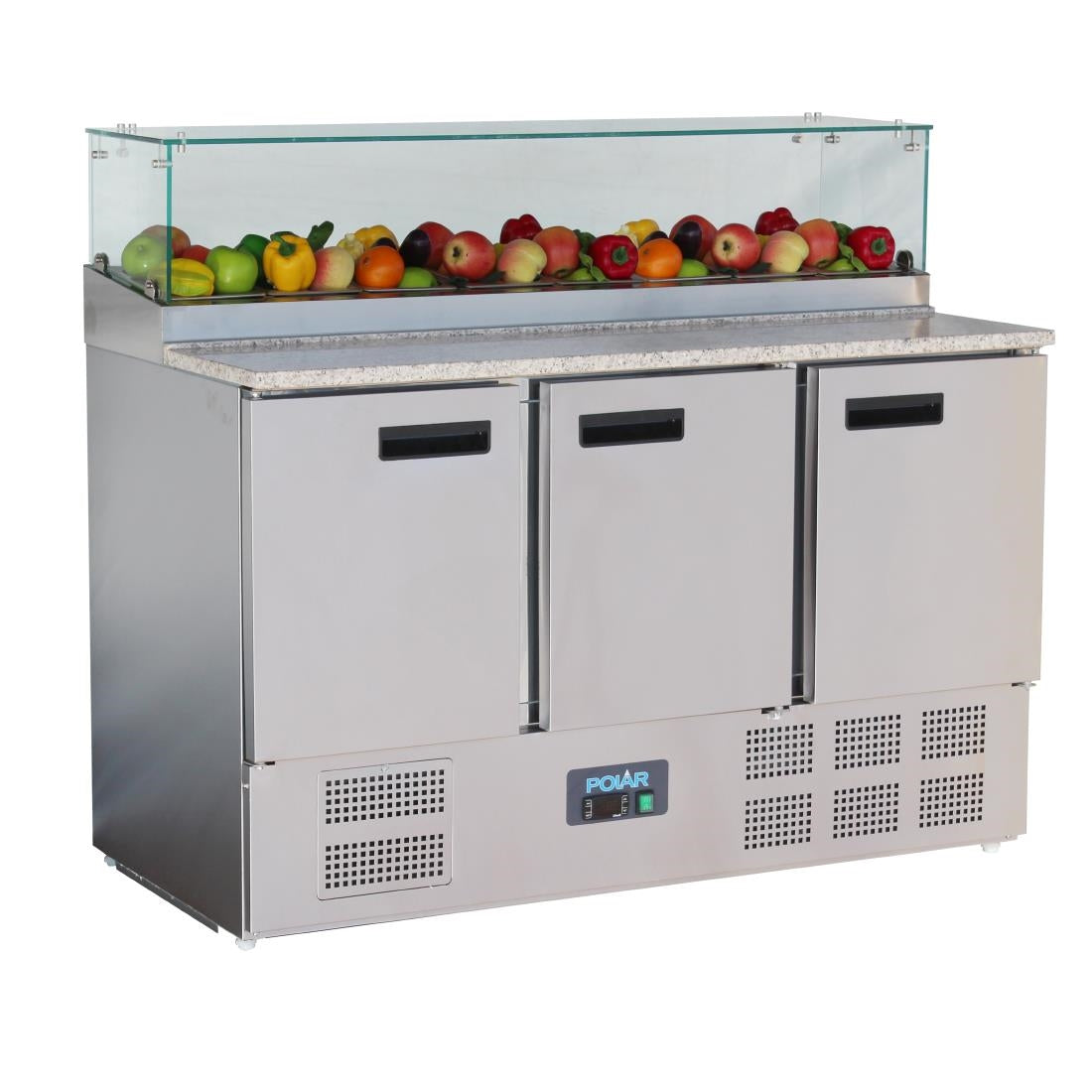 GH267 Polar G-serie 3-deurs pizza koelwerkbank met opzetvitrine 436Ltr