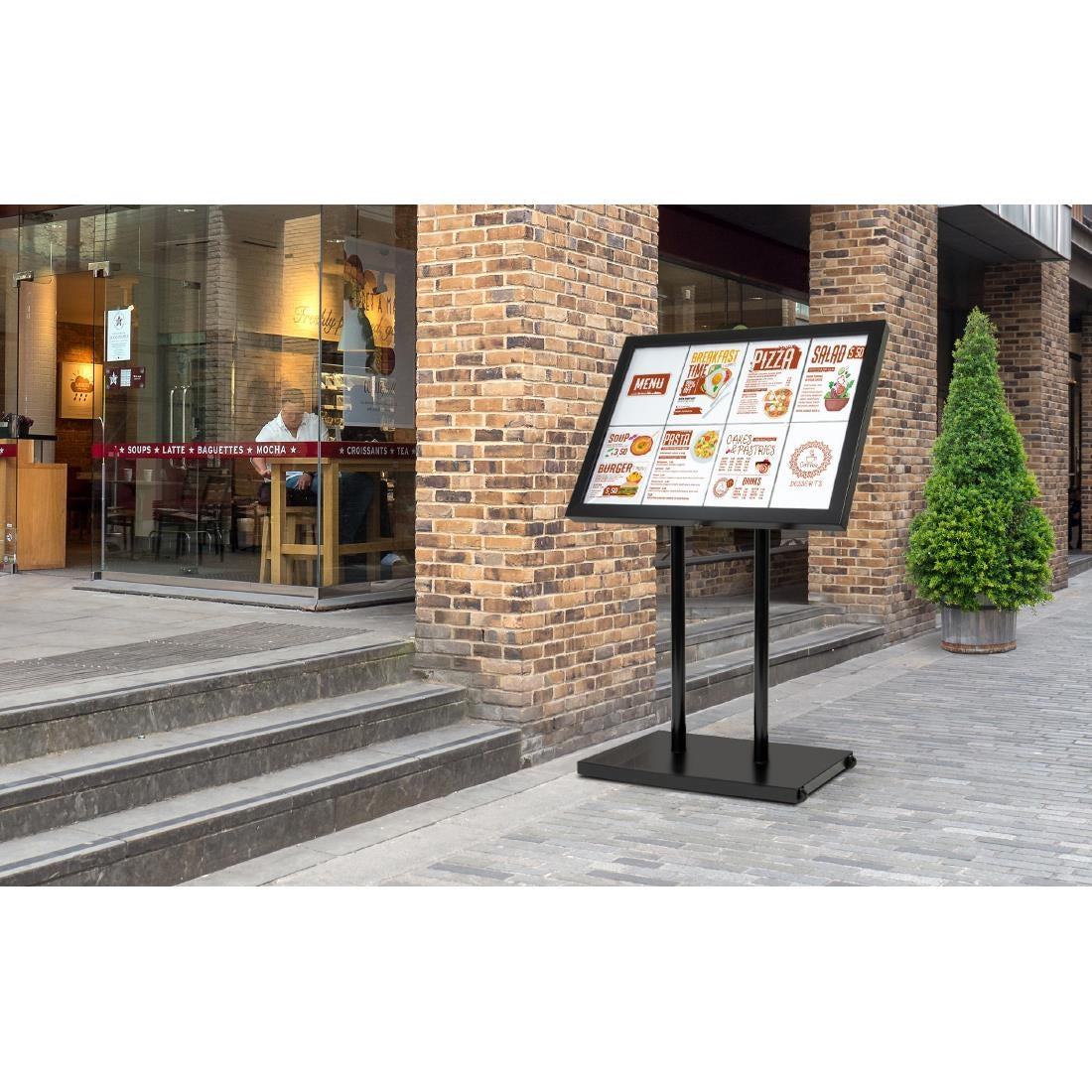 CX074 Securit Teak zwart gecoat LED's informatie 8xA4 display met mast en voet