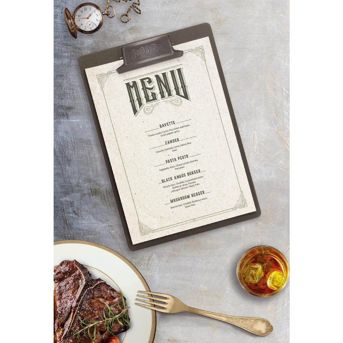 CU931 Securit Vintage menu klembord metalen patina clip met "Eten & Drinken" artwork A4