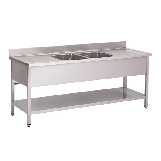 GN204 Gastro M RVS spoeltafel 2 spoelbakken midden 200x70x85cm